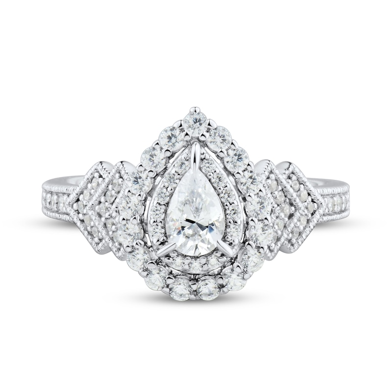 Diamond Engagement Ring 3/4 ct tw Pear & Round White Gold Plated
