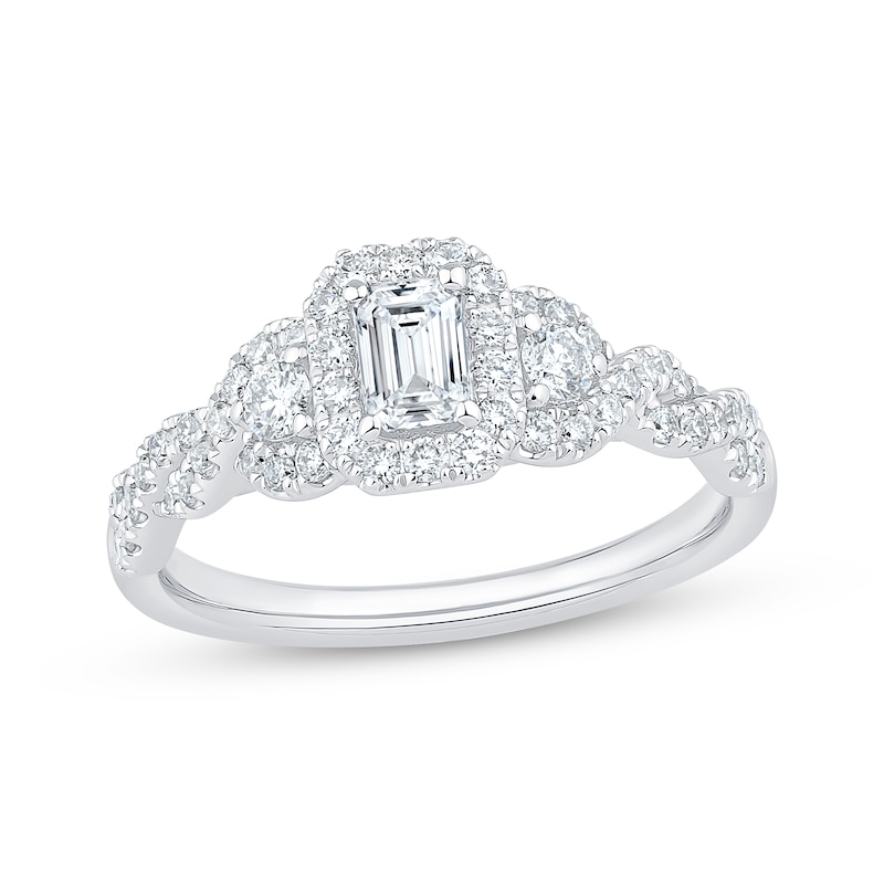 Emerald-Cut Diamond Halo Engagement Ring 7/8 ct tw White Gold Plated