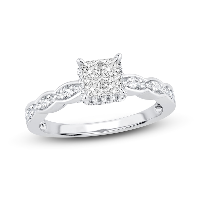Multi-Diamond Engagement Ring 5/8 ct tw Princess & Round White Gold Plated