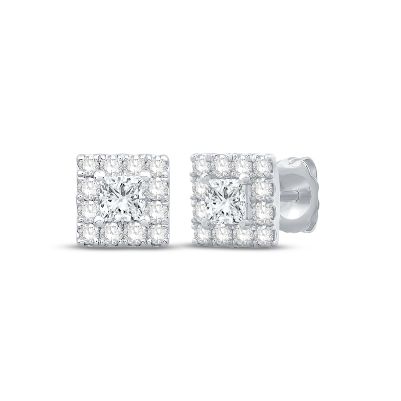 Diamond Stud Earrings 1 ct tw Princess & Round-cut White Gold Plated