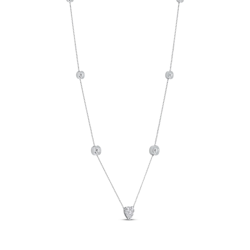 Diamond Halo Heart Center Station Necklace 1/2 ct tw White Gold Plated 18"