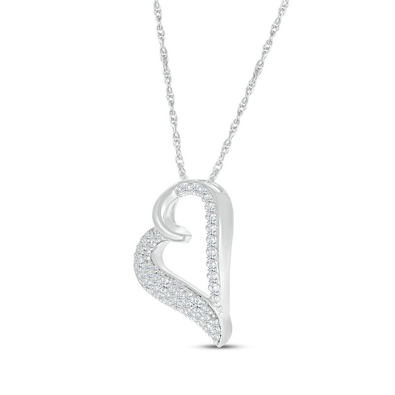 Multi-Diamond Cobblestone Tilted Heart Outline Necklace 3/8 ct tw White Gold Plated 18"