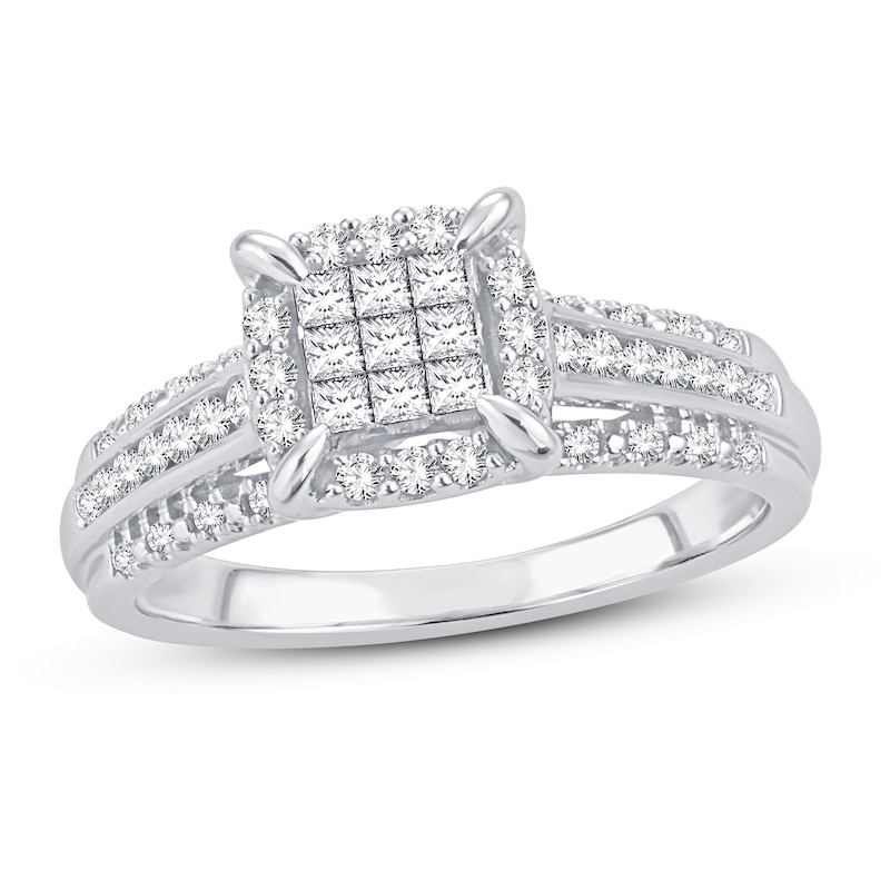 Multi-Stone Diamond Engagement Ring 1/2 ct tw Princess & Round White Gold Plated