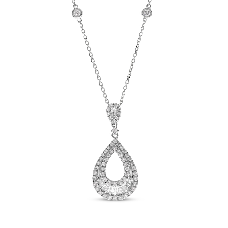 Baguette & Round-Cut Diamond Teardrop Necklace 3/4 ct tw White Gold Plated 18"