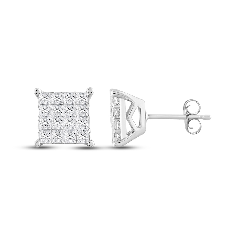 Multi-Diamond Square Stud Earrings 1 ct tw Princess-cut White Gold Plated