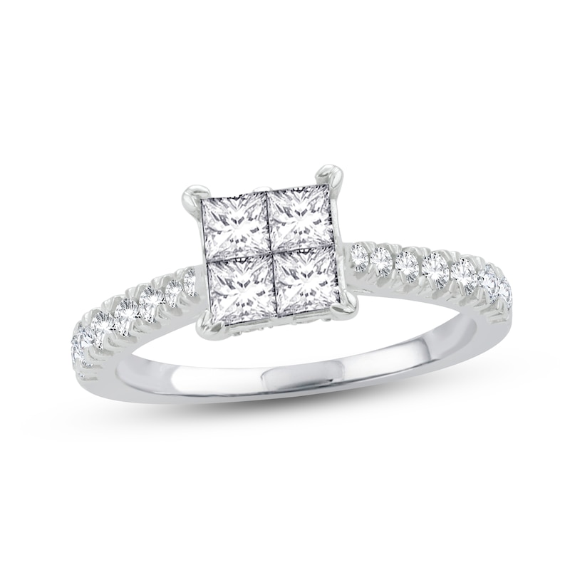Multi-Diamond Engagement Ring 1-1/4 ct tw Princess & Round White Gold Plated