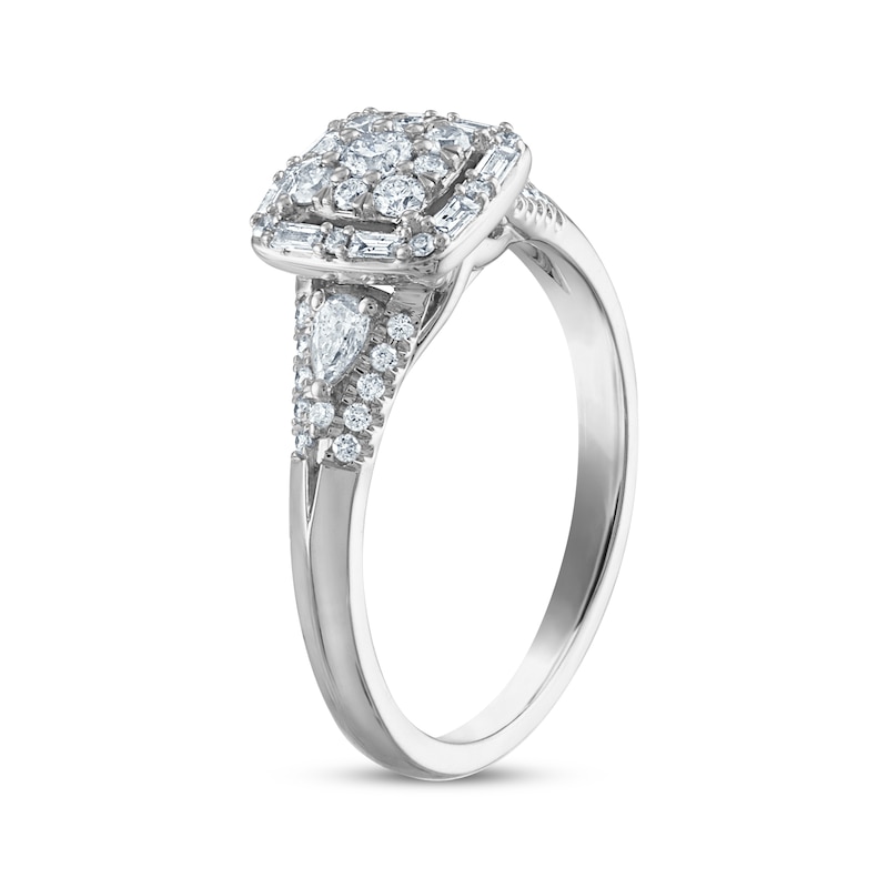 Round & Baguette-Cut Diamond Cushion Frame Engagement Ring 1/2 ct tw White Gold Plated