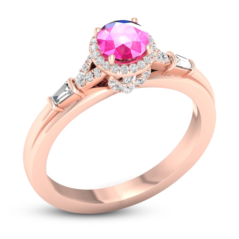 Pink Sapphire & Diamond Engagement Ring 1/4 ct tw Round & Baguette-Cut Rose Gold Plated
