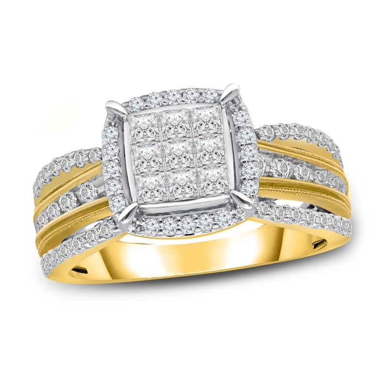 Multi-Diamond Engagement Ring 1 ct tw Princess & Round-Cut Two-Tone Gold Plated