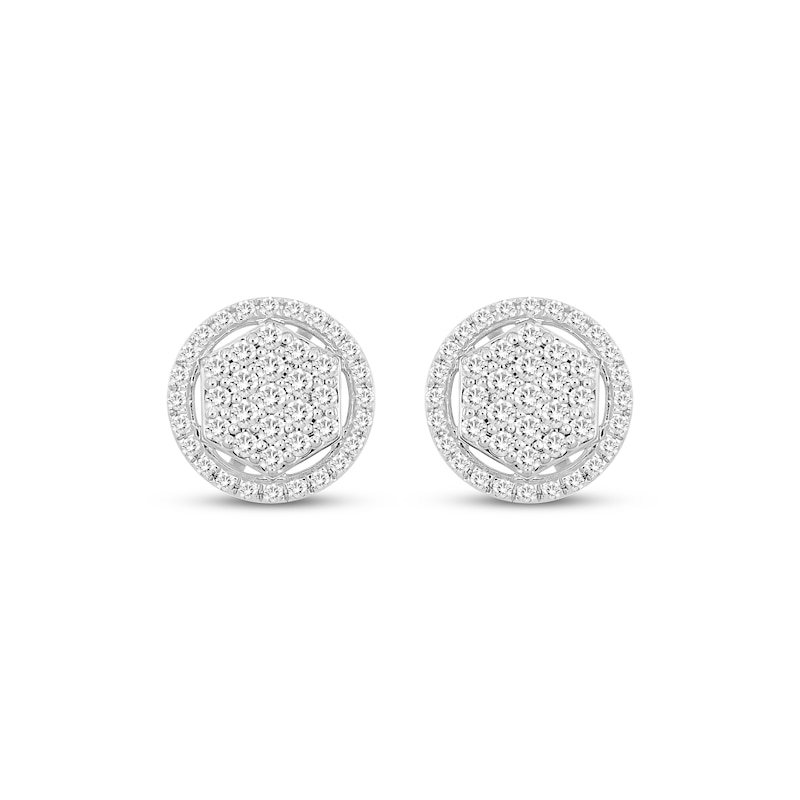 Men's Multi-Diamond Hexagon Halo Earrings 3/4 ct tw White Gold Plated