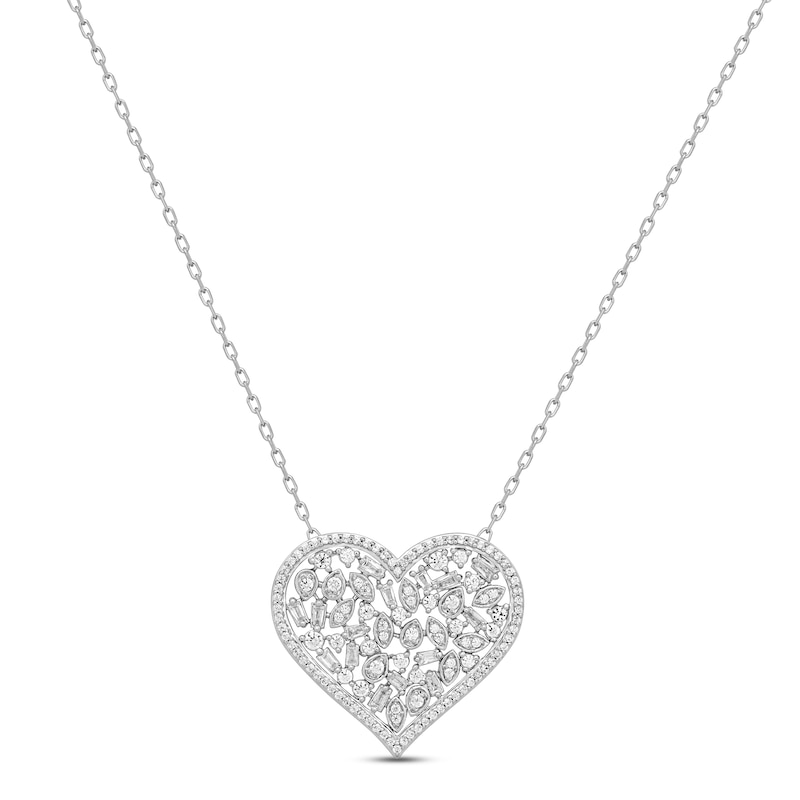 Diamond Cobblestone Heart Necklace 1/2 ct tw Baguette & Round-cut White Gold Plated 18"
