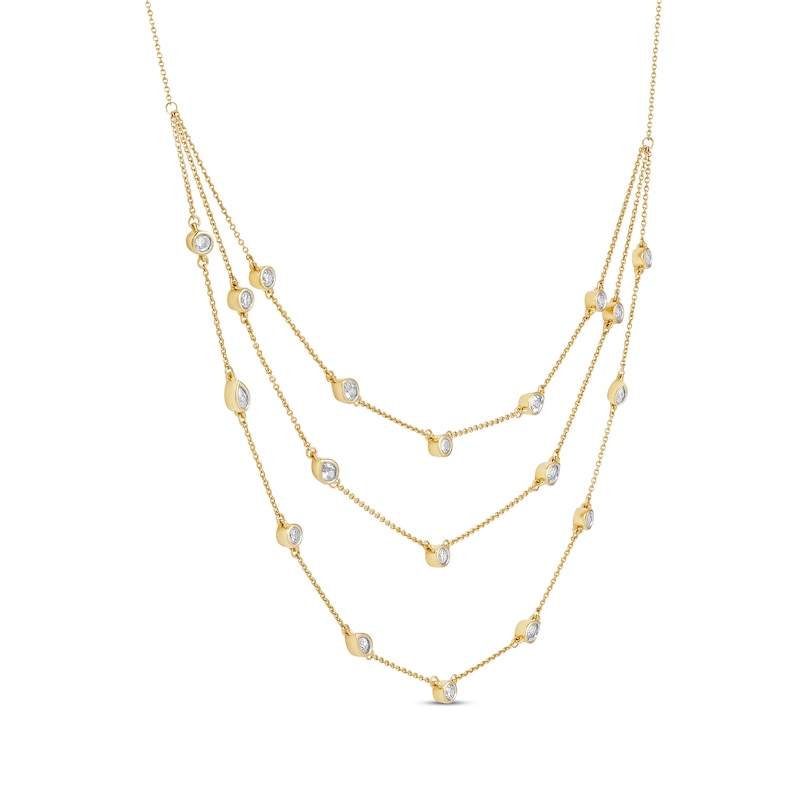 Pear-Shaped and Round-Cut Diamond Station Triple-Layer Necklace 1 ct tw Yellow Gold Plated 16"