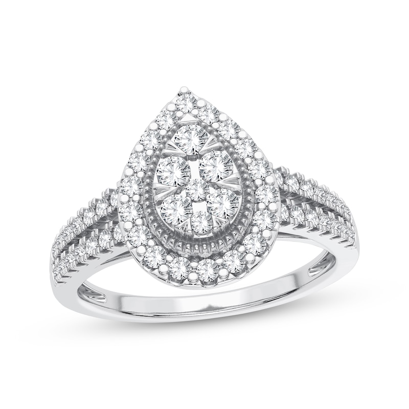 Multi-Diamond Center Pear Halo Engagement Ring 3/8 ct tw Round-cut White Gold Plated