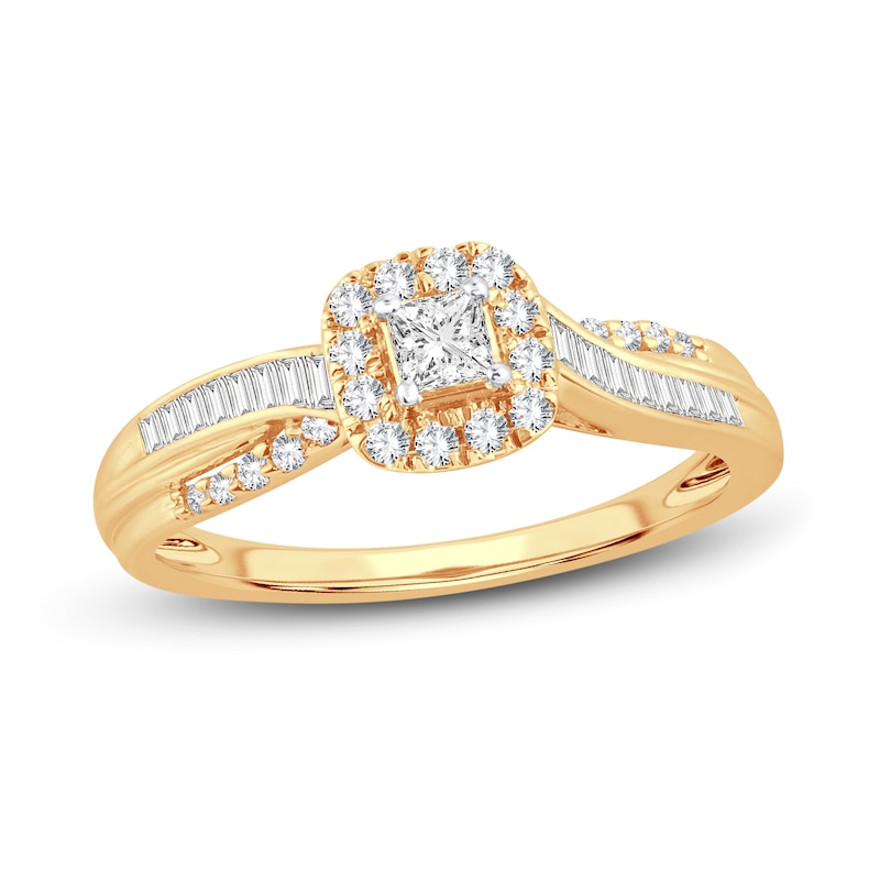 Diamond Engagement Ring 3/8 ct tw Princess, Round & Baguette Yellow Gold Plated