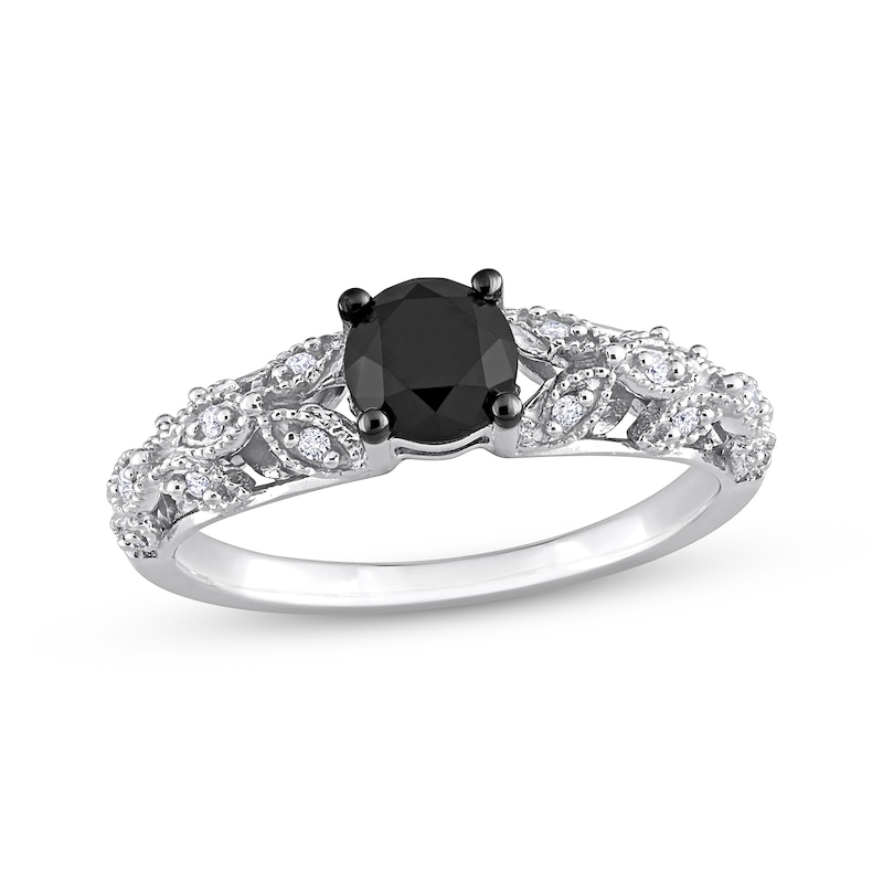 Vintage-Style Round-Cut Black & White Diamond Engagement Ring 7/8 ct tw White Gold Plated
