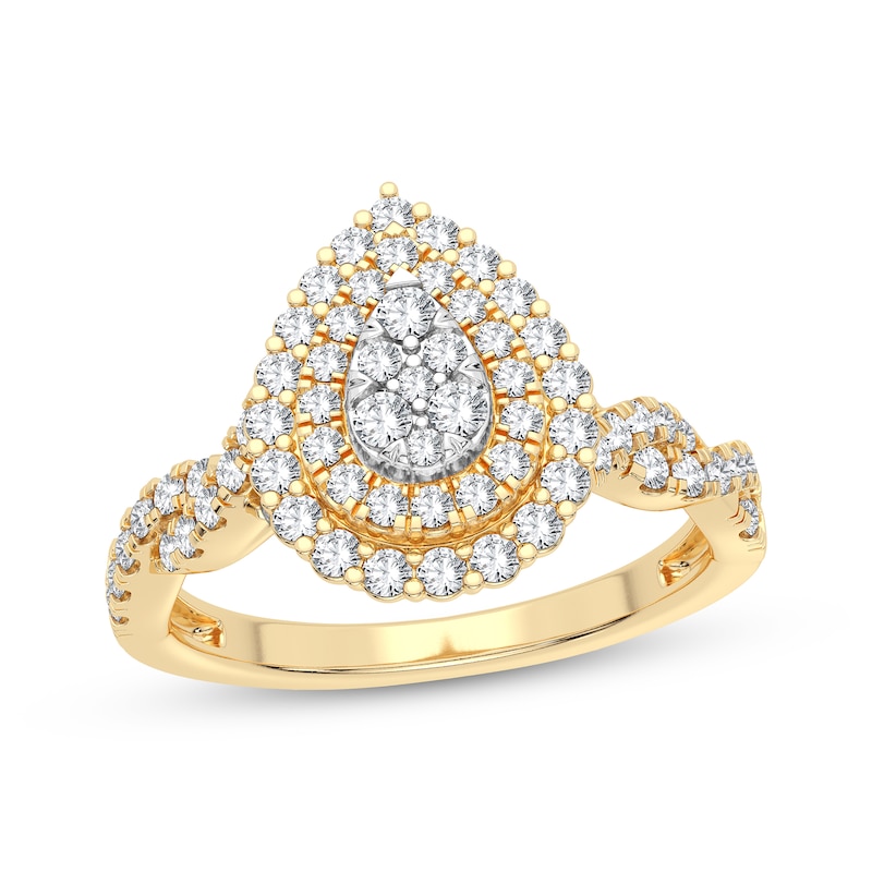 Multi-Diamond Pear Double Halo Engagement Ring 3/8 ct tw Round-cut Yellow Gold Plated