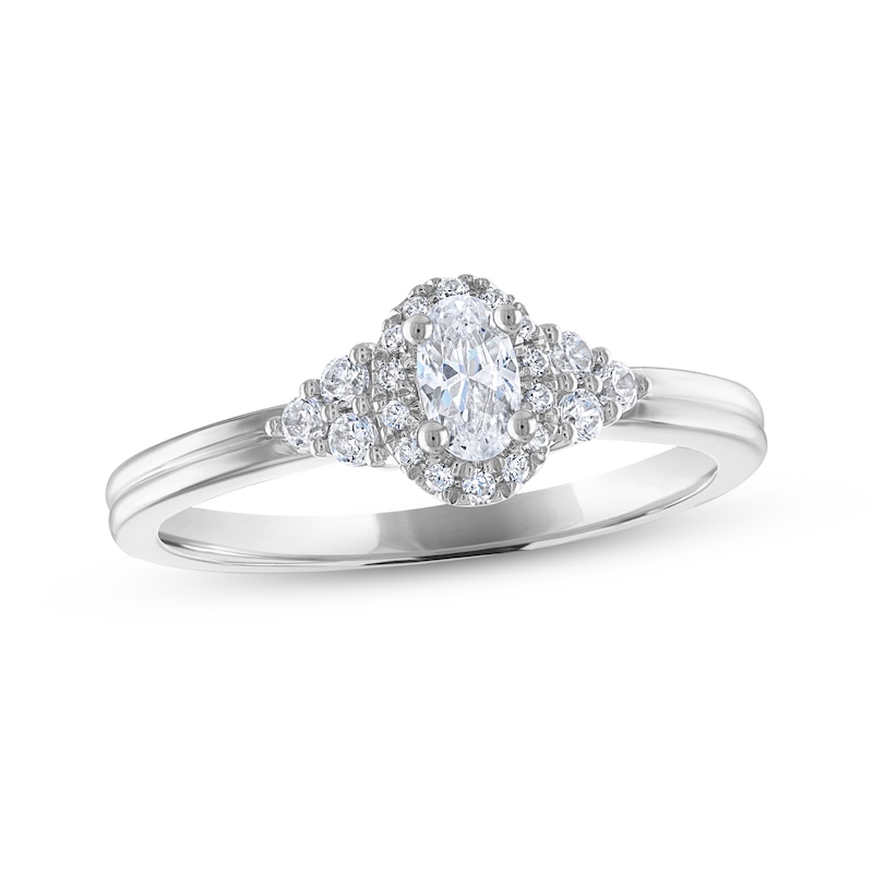 Diamond Halo Engagement Ring 3/8 ct tw Oval & Round-cut White Gold Plated