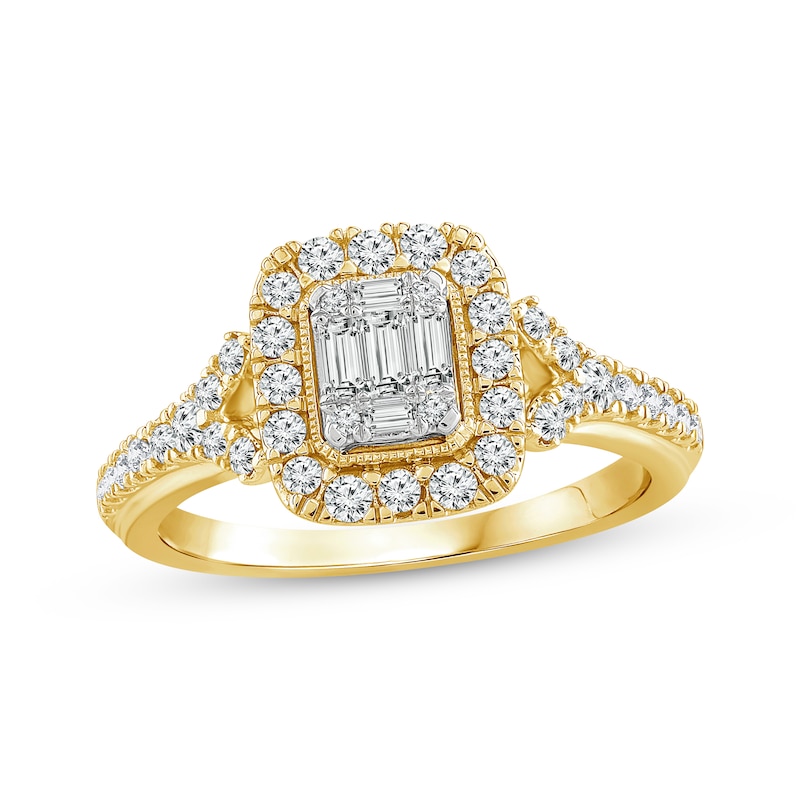 Baguette & Round-Cut Multi-Diamond Center Engagement Ring 5/8 ct tw Yellow Gold Plated