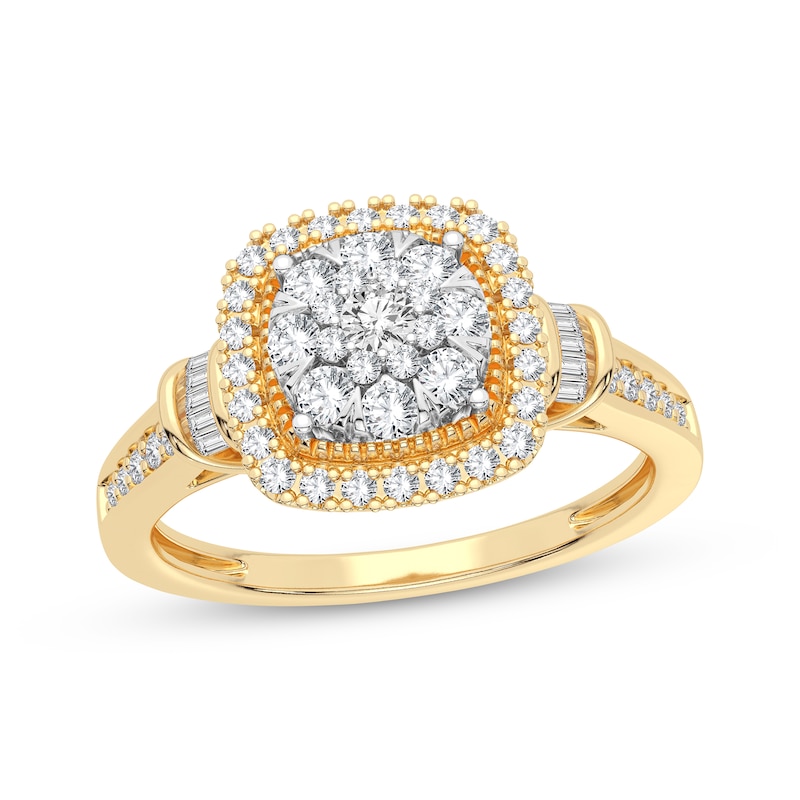 Multi-Diamond Center Cushion Engagement Ring 3/8 ct tw Round & Baguette-cut Yellow Gold Plated