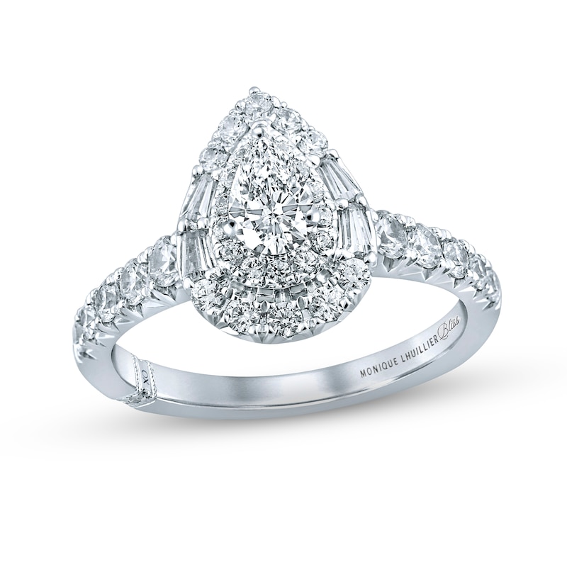 Monique Lhuillier Bliss Diamond Engagement Ring 1-1/4 ct tw Pear, Round & Baguette-cut White Gold Plated