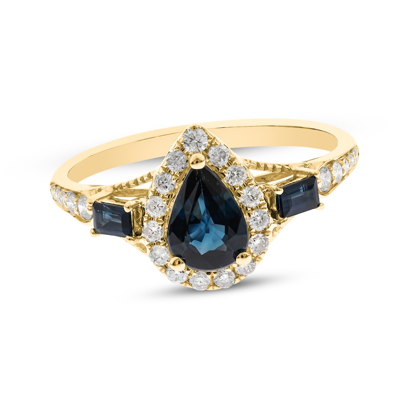 Pear-Shaped & Baguette-Cut Blue Sapphire & Diamond Ring 1/5 ct tw Yellow Gold Plated