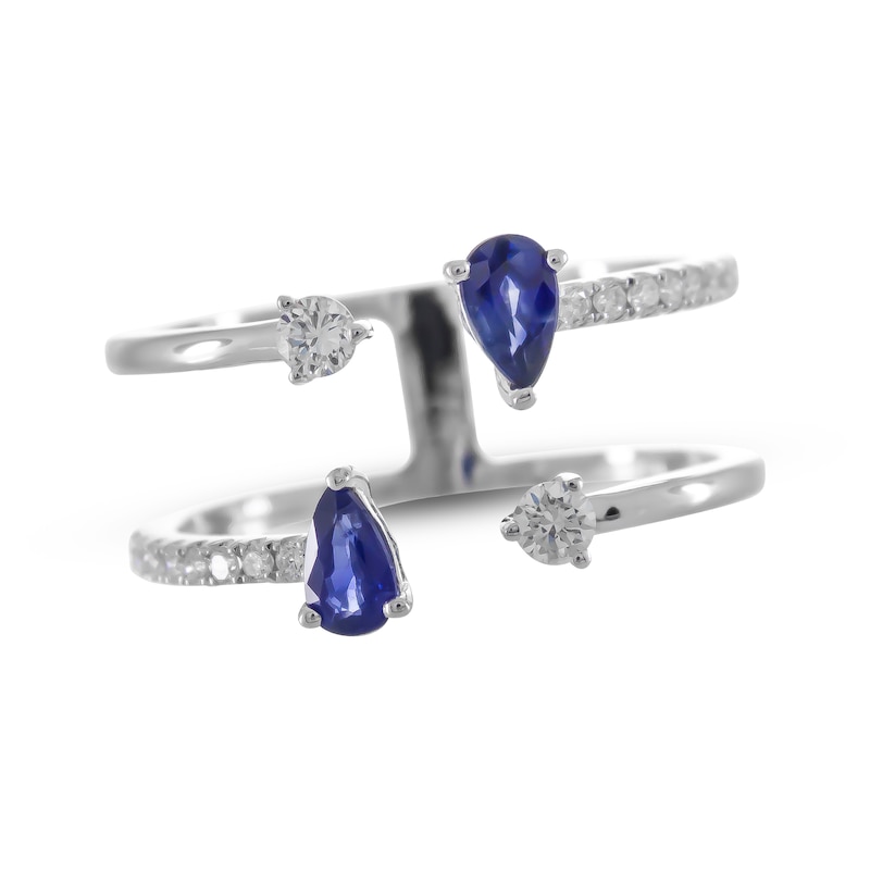 Blue Sapphire & Diamond Deconstructed Two-Row Ring 1/4 ct tw Round-cut White Gold Plated