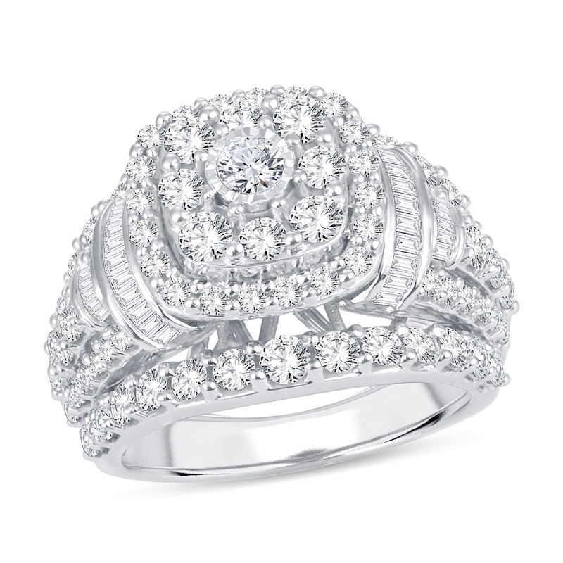 Diamond Engagement Ring 3 ct tw Round & Baguette White Gold Plated