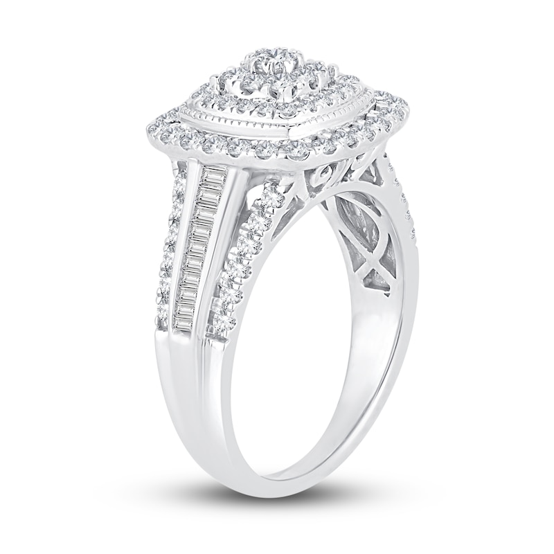 Diamond Engagement Ring 1 ct tw Round & Baguette-Cut White Gold Plated