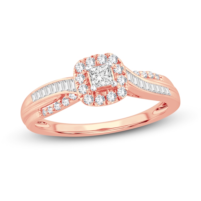 Diamond Engagement Ring 3/8 ct tw Princess, Round & Baguette Rose Gold Plated
