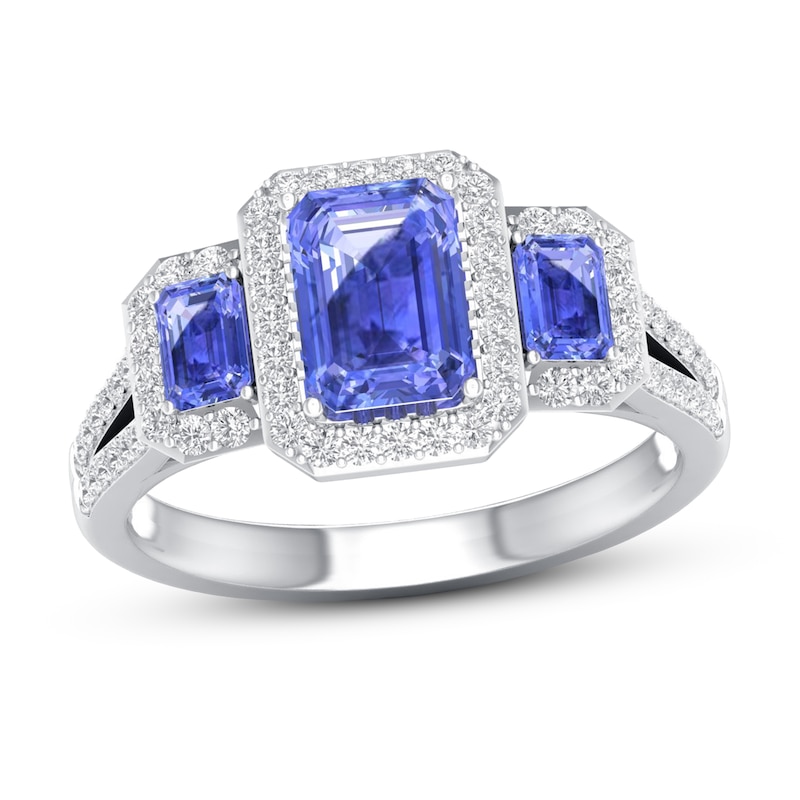 Tanzanite & Diamond Engagement Ring 1/3 ct tw Emerald/Round-cut White Gold Plated