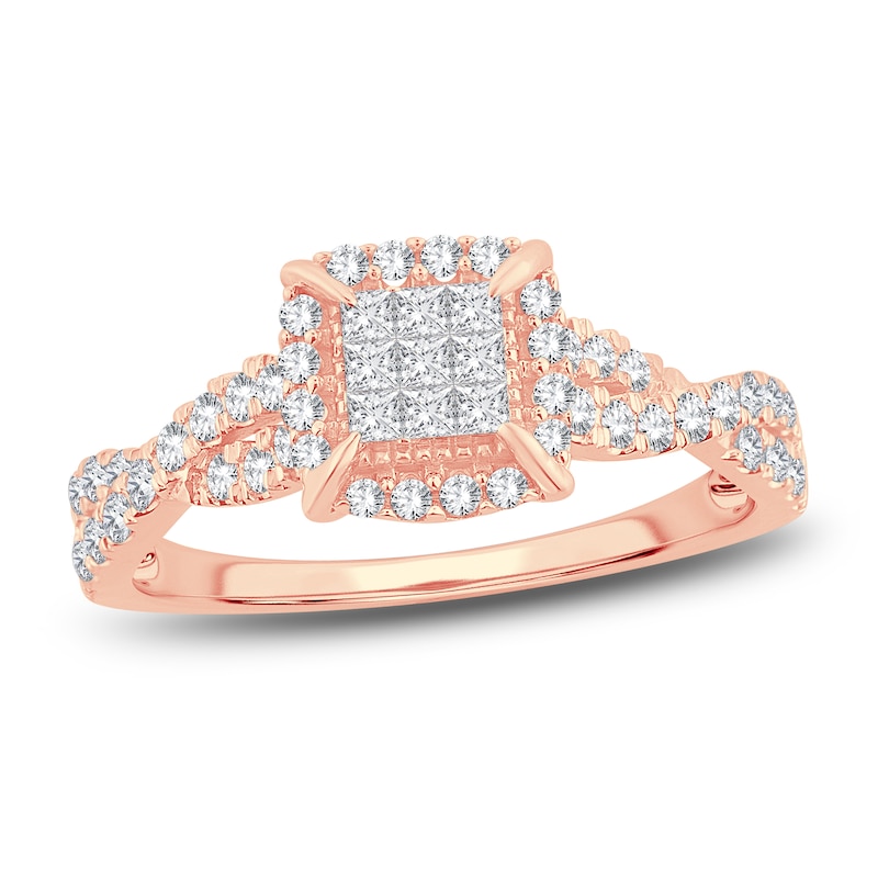 Multi-Diamond Engagement Ring 1/2 ct tw Princess & Round Rose Gold Plated