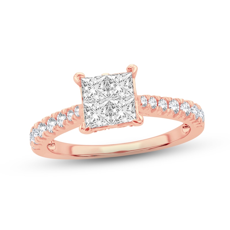 Multi-Diamond Engagement Ring 1-1/4 ct tw Princess & Round-cut Rose Gold Plated