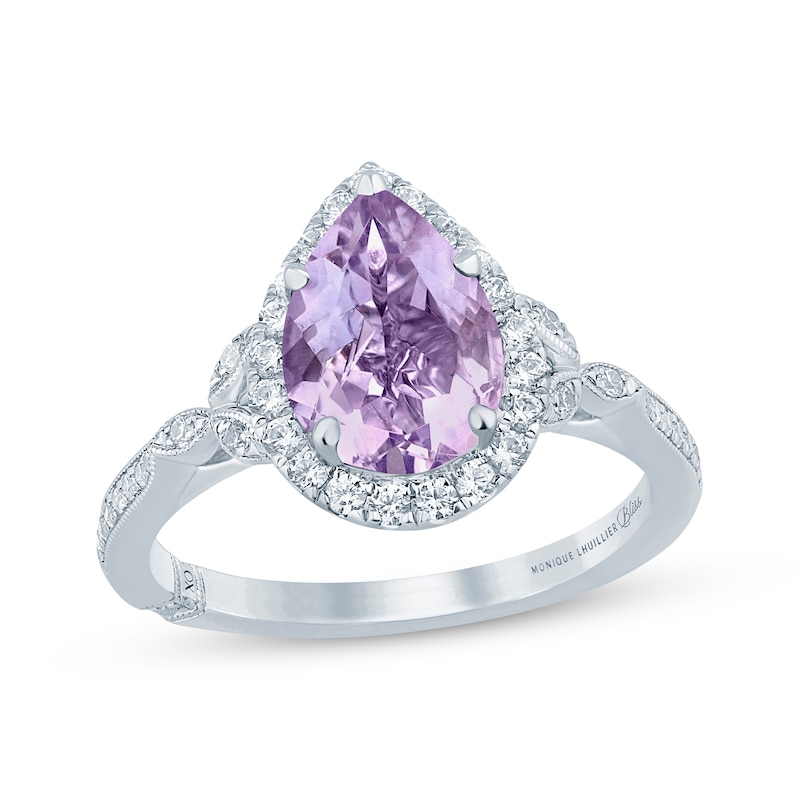 Monique Lhuillier Bliss Pear-Shaped Light Amethyst & Diamond Halo Engagement Ring 3/8 ct tw White Gold Plated