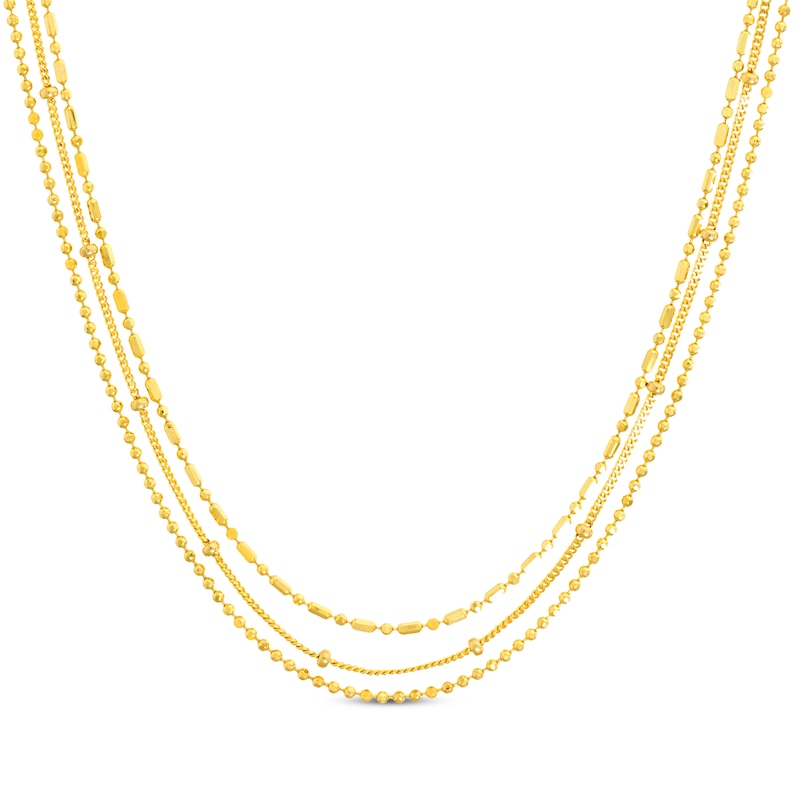 Mixed Bead Three-Strand Chain Necklace Yellow Gold Plated 18"
