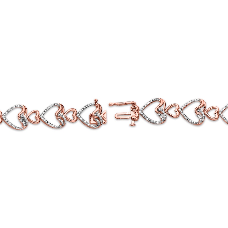 Diamond Stacked Hearts Link Bracelet 1/2 ct tw Rose Gold Plated 7"