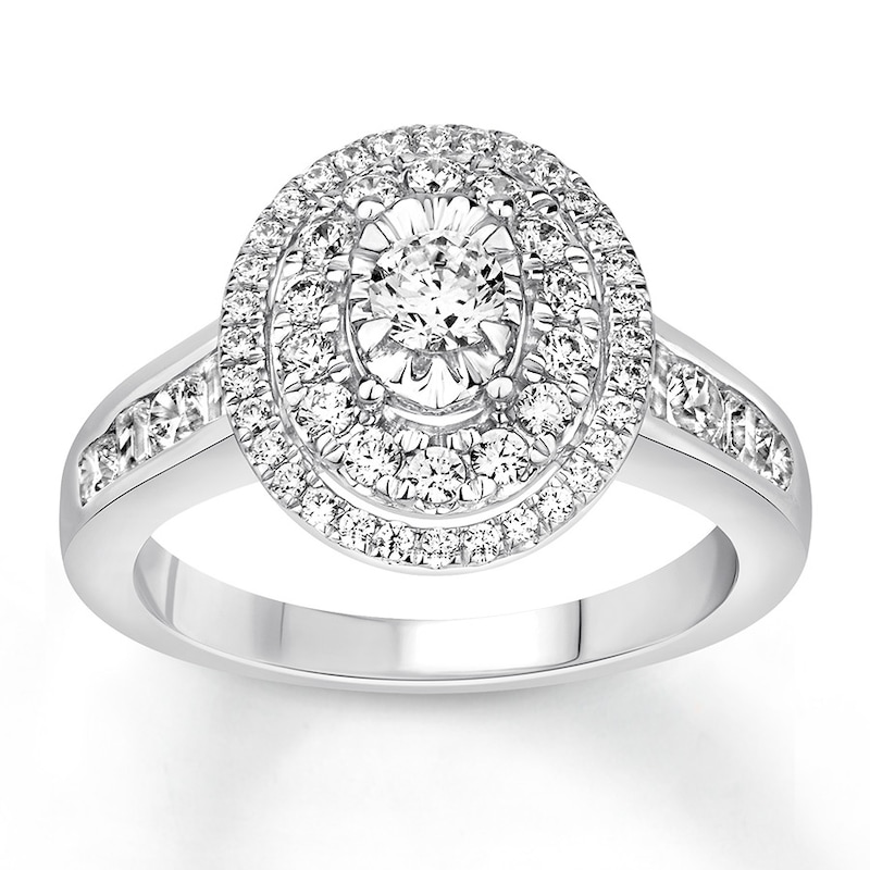 Diamond Engagement Ring 1 ct tw Round& Baguette White Gold Plated