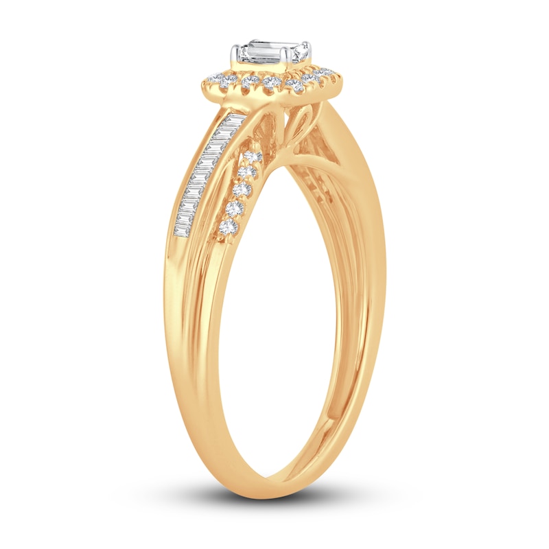 Diamond Engagement Ring 3/8 ct tw Emerald, Baguette & Round Yellow Gold Plated