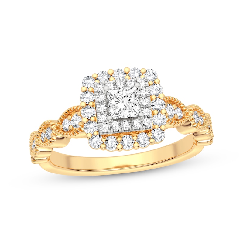 Vintage-Style Princess & Round-Cut Diamond Engagement Ring 1/2 ct tw Yellow Gold Plated