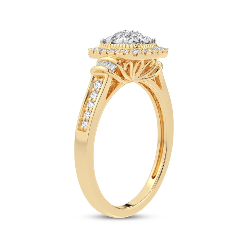 Multi-Diamond Center Cushion Engagement Ring 3/8 ct tw Round & Baguette-cut Yellow Gold Plated