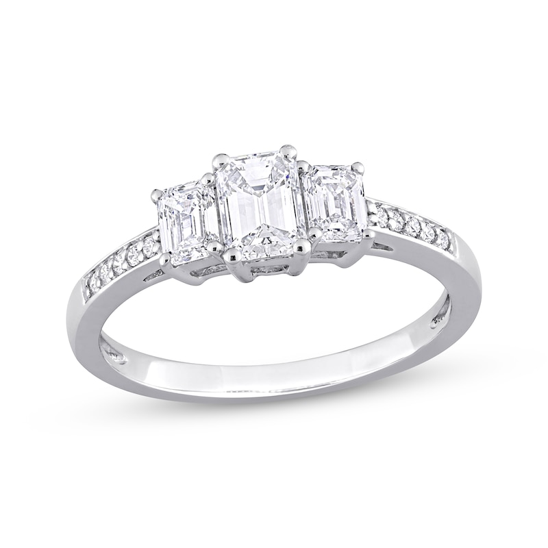 Diamond Three-Stone Engagement Ring 7/8 ct tw Emerald & Round-cut White Gold Plated