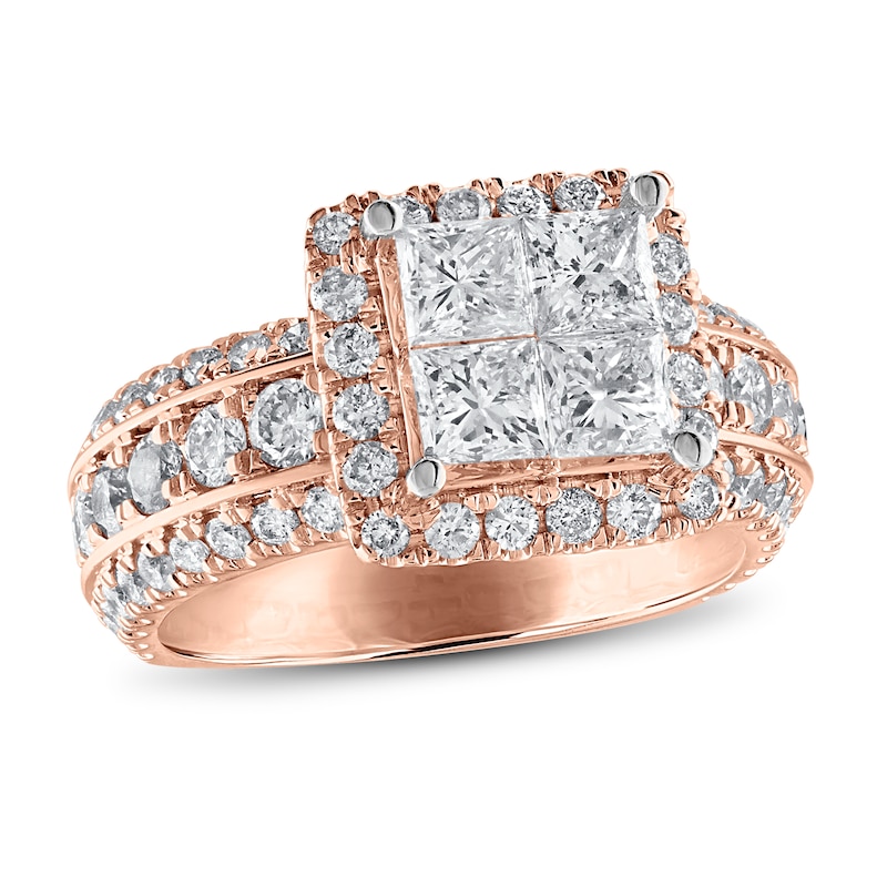 Multi-Diamond Engagement Ring 3 ct tw Princess & Round Rose Gold Plated