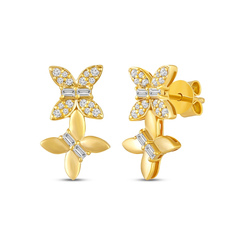Baguette & Round-Cut Diamond Double Butterfly Earrings 1/4 ct tw Yellow Gold Plated