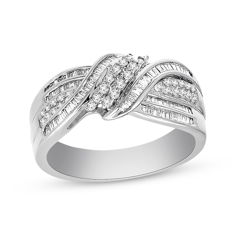 Diamond Ring 1/2 ct tw Round & Baguette-cut White Gold Plated