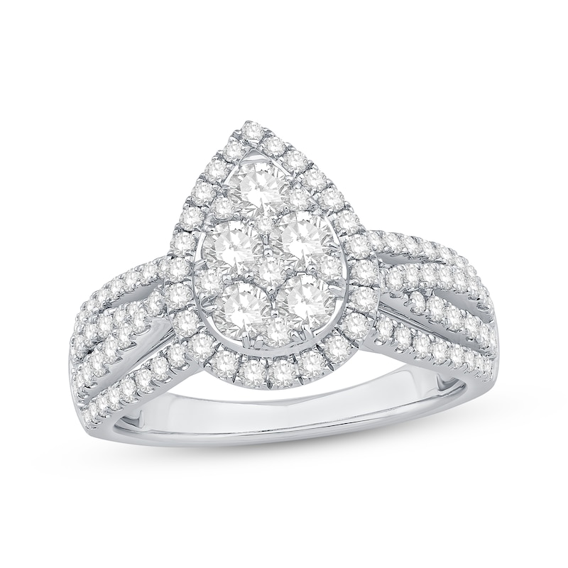 Multi-Diamond Center Pear Frame Engagement Ring 1-1/4 ct tw White Gold Plated