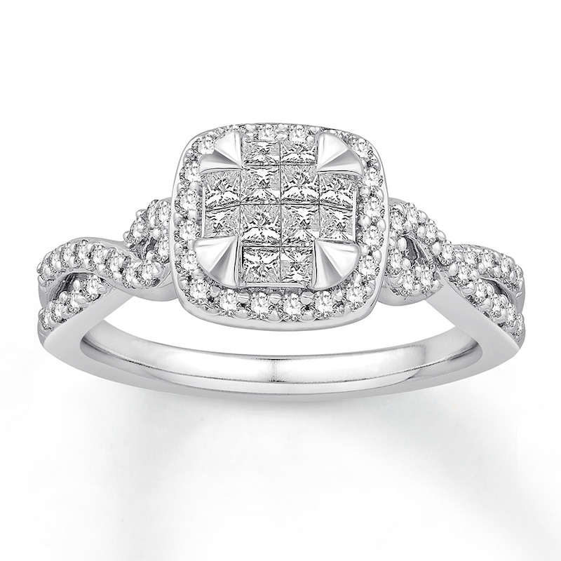 Diamond Engagement Ring 5/8 ct tw Princess & Round White Gold Plated