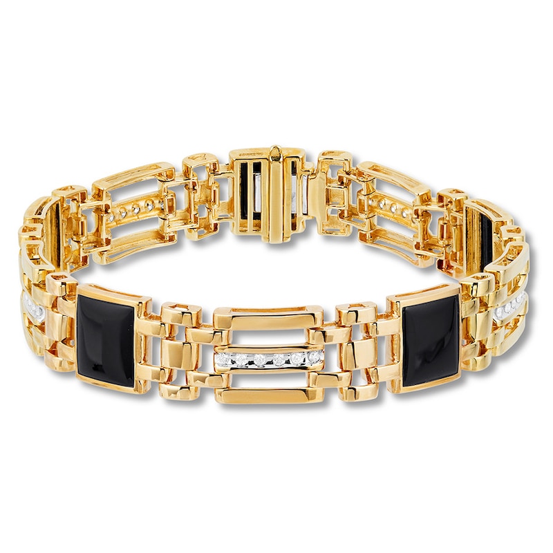 Men's Black Onyx Bracelet 1/2 ct tw Diamonds Yellow Gold Plated 8.5"