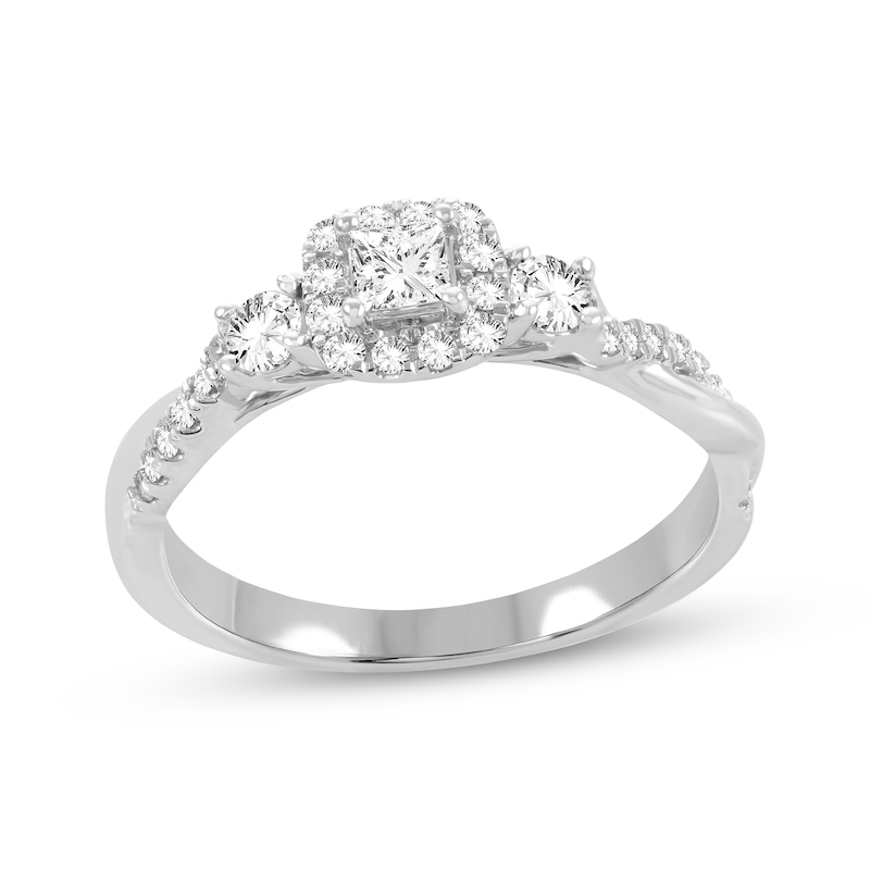 Princess & Round-Cut Diamond Three-Stone Engagement Ring 1/2 ct tw White Gold Plated