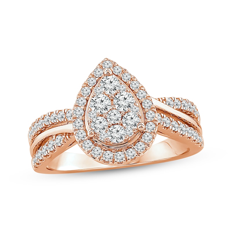 Multi-Diamond Center Teardrop Frame Engagement Ring 3/4 ct tw Rose Gold Plated