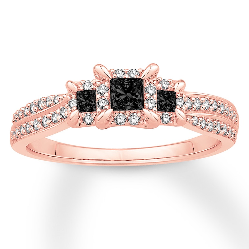 3-Stone Black Diamond Engagement Ring 1/2 ct tw Rose Gold Plated