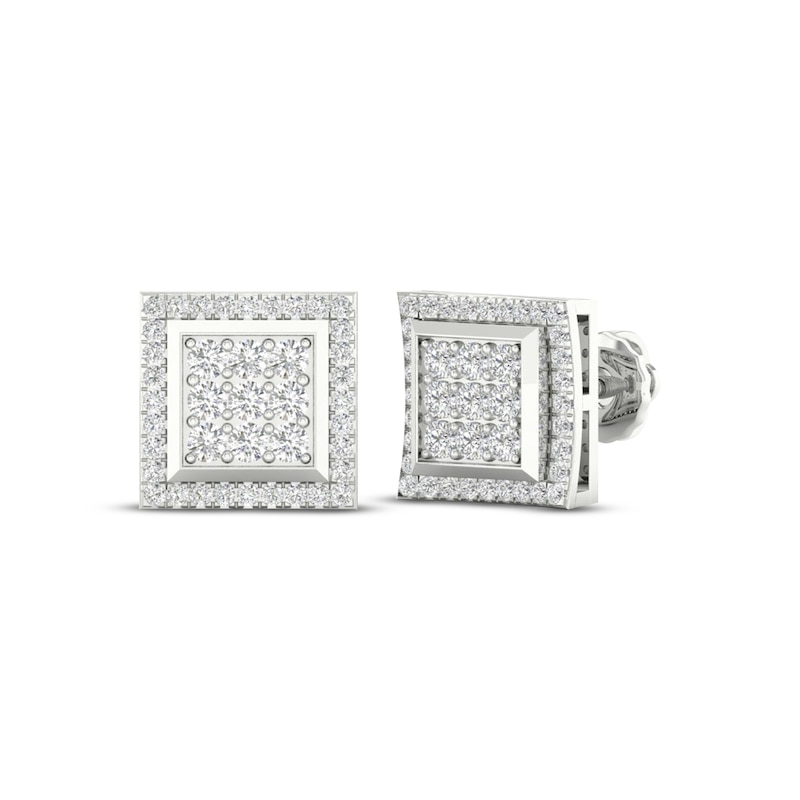 Men's Multi-Diamond Square Curved Stud Earrings 1/2 ct tw White Gold Plated